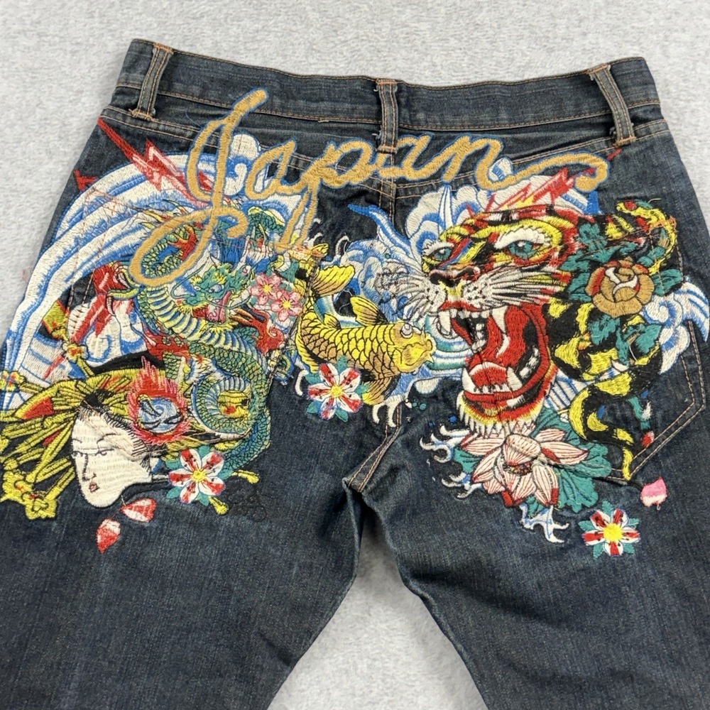 Ed Hardy Jeans Men 32x31 Japan Tiger Dragon Floral Tattoo Embroidered Rare Grail